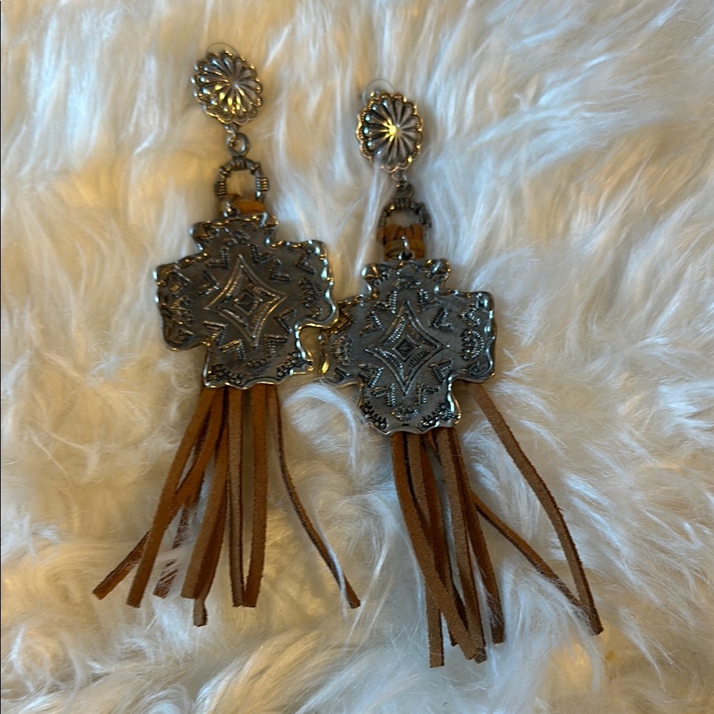 Silver Concho Earrings with Brown fringe